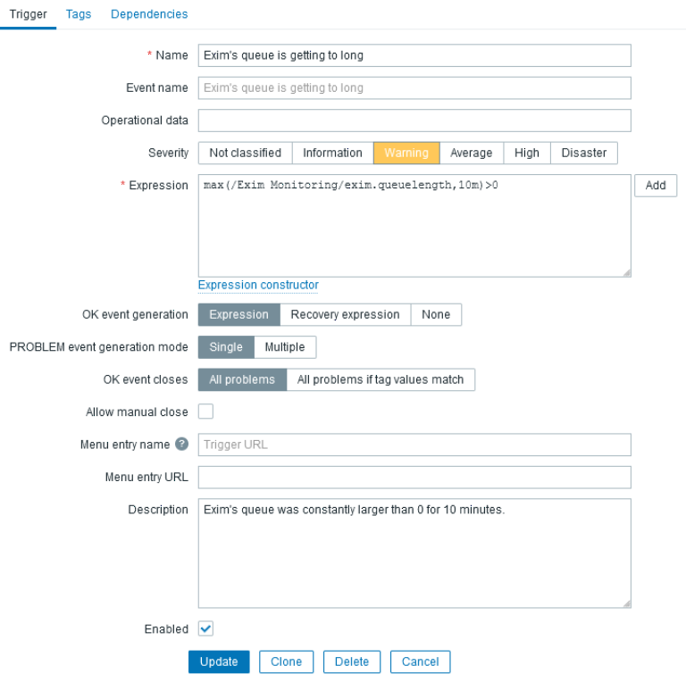 Template "Exim Monitoring" - Trigger "Exim's queue is getting to long"