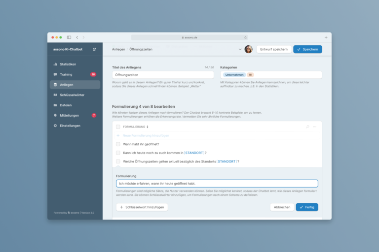 Mit dem assono Chatbot-Dashboard können Sie die Trainingsdaten und Antworten Ihres Chatbots mit wenigen Klicks ganz einfach selbst anpassen.