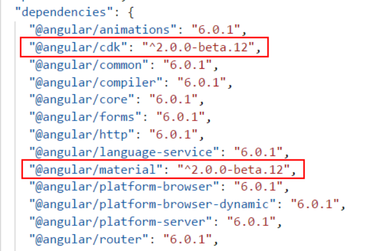 Abhängigkeiten nach ng Update. Es wurden nur Angular Abhängigkeiten aktualisiert. Material bleibt auf dem Stand vor dem Update