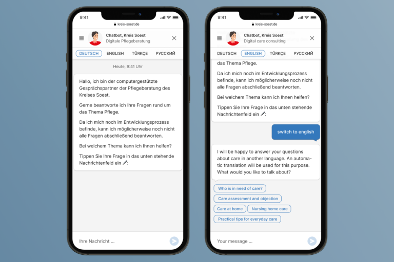 Ein Chatbot auf Englisch, Französisch oder Türkisch? Der gewünschte Sprachwechsel erfolgt durch das Klicken eines Buttons oder durch eine Sprachäußerung.
