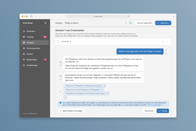 Über das assono Chatbot Dashboard konnten die Pflegeexpertinnen und Pflegeexperten des Kreises Soest selbst viele Inhalte in den Chatbot einpflegen und diesen trainieren.