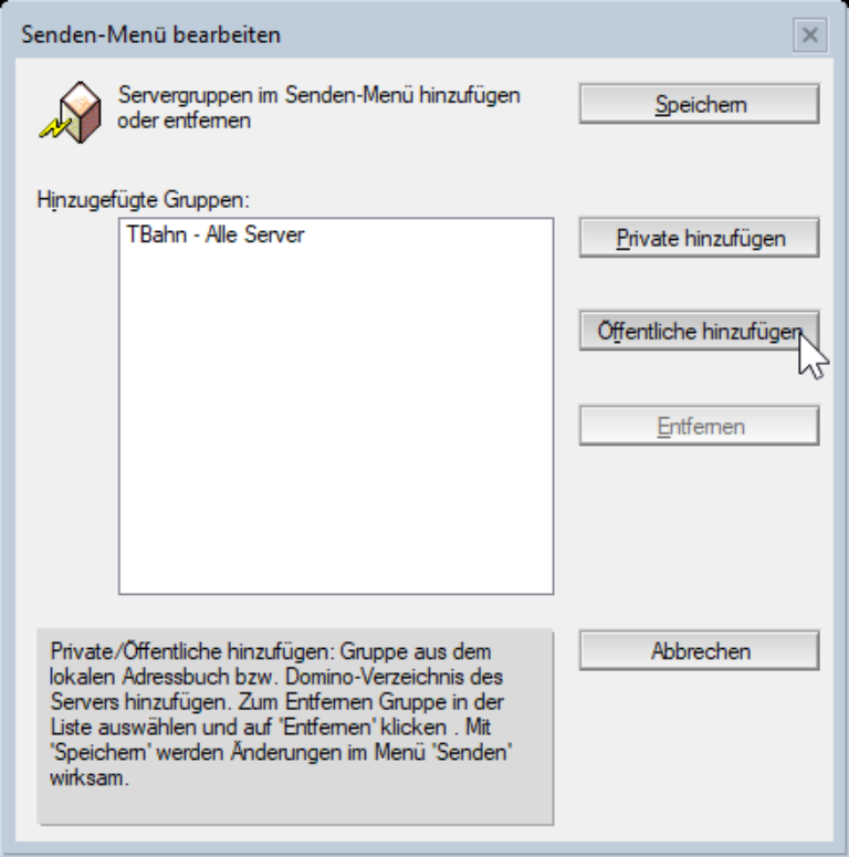Wenn man aber häufiger an eine Gruppe von Servern Befehle abschicken will, kann man stattdessen im Senden-Menü "Anpassen" wählen, eine Servergruppe aus dem persönlichen oder öffentlichen Adressbuch hinzufügen und speichern.
