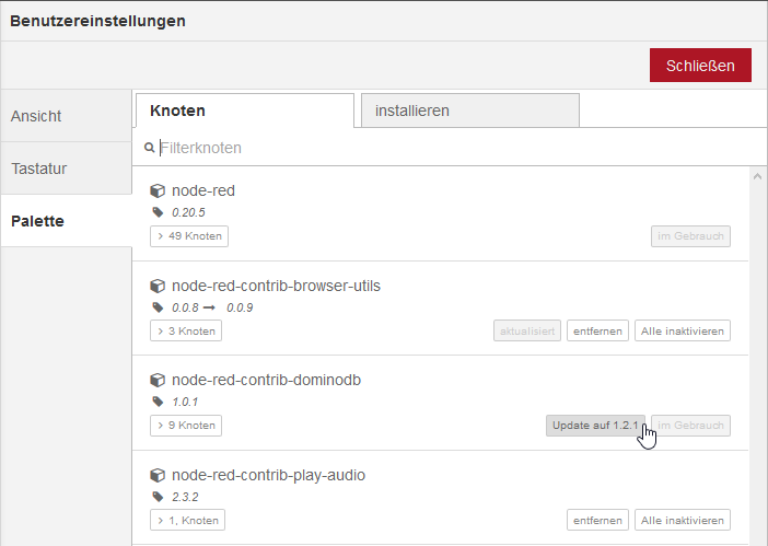 Unter den installierten Knoten "node-red-contrib-dominodb" suchen und auf "Update auf 1.2.1" klicken