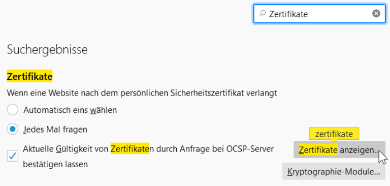 Oben links nach „Zertifikate“ suchen und mit „Zertifikate anzeigen…“ die Zertifikatverwaltung öffnen.