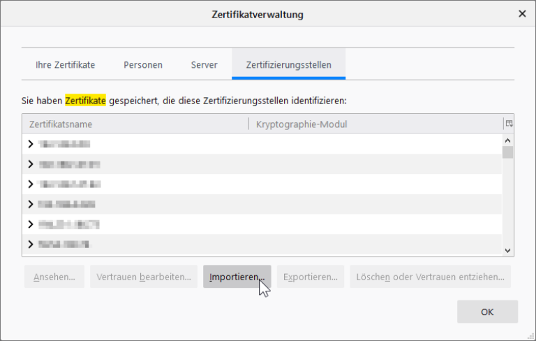Importieren… klicken und Zertifikatsdatei (assono-cert.pem) auswählen.