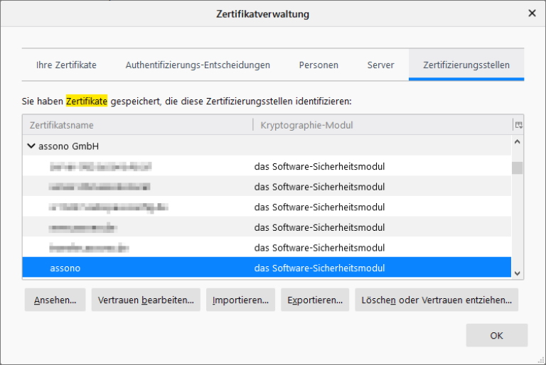 Wenn man bis zum importierten Zertifikat runter scrollt, sollte es so aussehen.