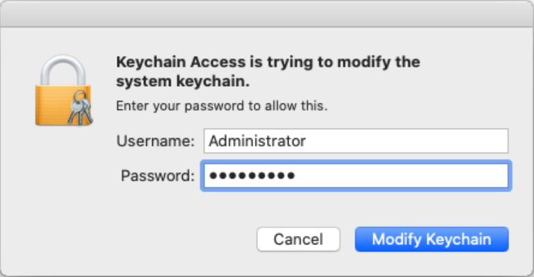 Passwort eingeben und Modify Keychain.