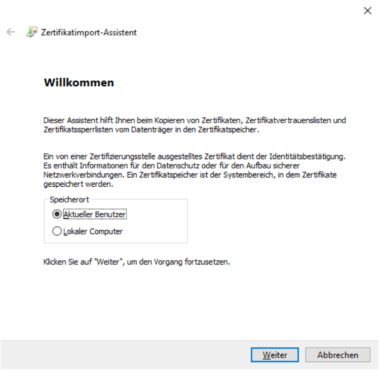 Für den aktuellen Benutzer importieren (oder für alle Benutzer des Computers) und Weiter.
