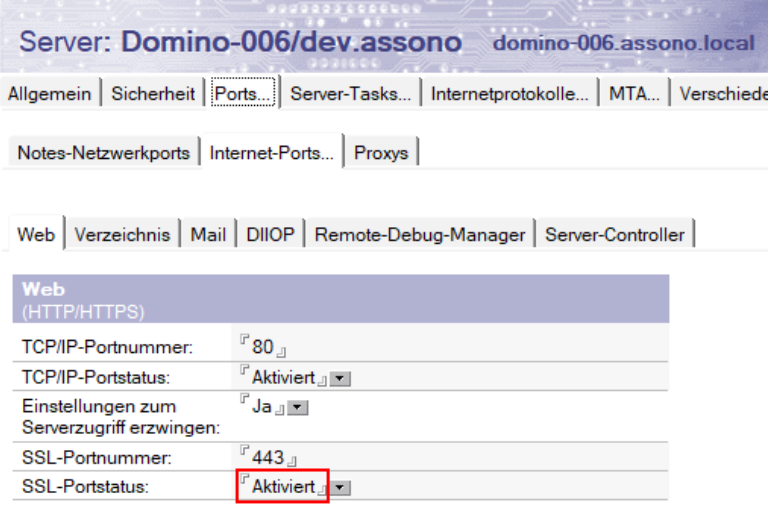 SSL-Portstatus im Server-Dokument aktivieren