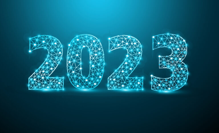 Technology concept 2023 new year text design with mesh stylish alphabet letters numbers Graphic background communication structure with connected dots lines Vector illustration 1423795368 6509x3933